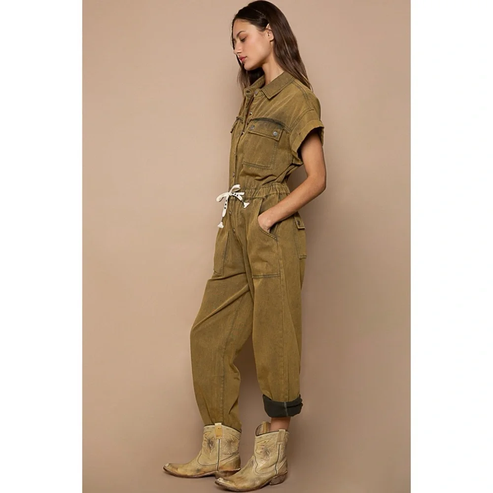 POL Olive Mineral Washed Button Front Adjustable Waist Denim Jumpsuit - Picture 4 of 8